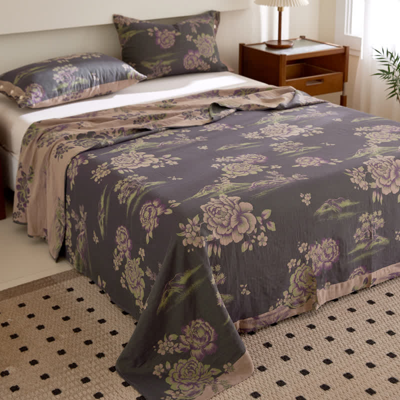 Luxurious Floral Cotton Gauze Yarn-dyed Reversible Coverlet