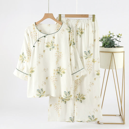 Bamboo Fiber Floral Round-neck Pajama Set