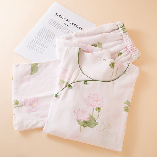 Round-neck Bamboo Fiber Lotus Pajama Set