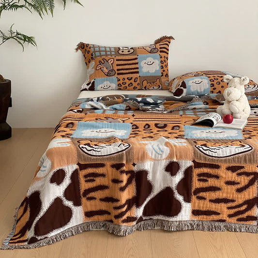 Animal Print Four-layer Cotton Gauze Tassel Quilt