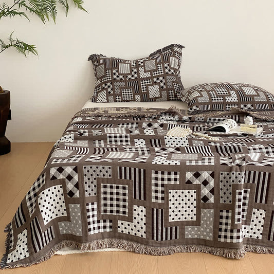 Plaid Polka Dots Pattern Four-layer Cotton Gauze Tassel Quilt