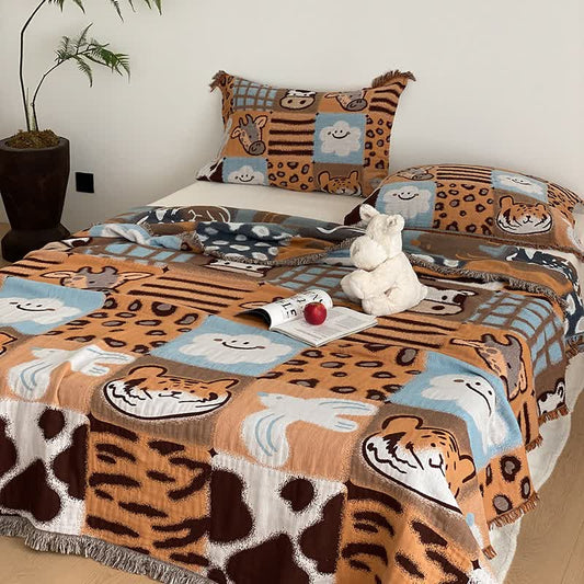 Animal Print Four-layer Cotton Gauze Tassel Quilt