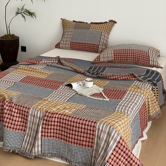 Plaid Print Four-layer Cotton Gauze Tassel Quilt