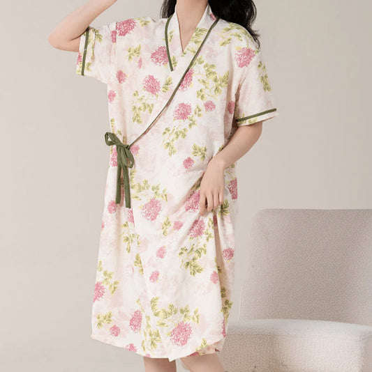 Country Style Floral Short Sleeve Padded Nightdress with Pocket