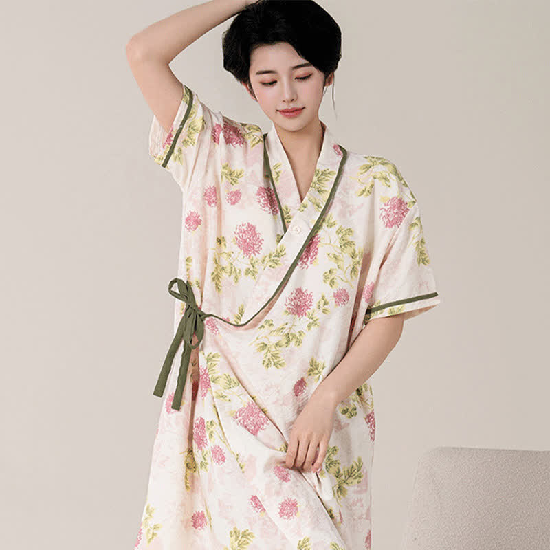 Country Style Floral Short Sleeve Padded Nightdress with Pocket