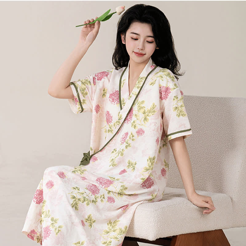 Country Style Floral Short Sleeve Padded Nightdress with Pocket
