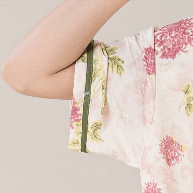 Country Style Floral Short Sleeve Padded Nightdress with Pocket