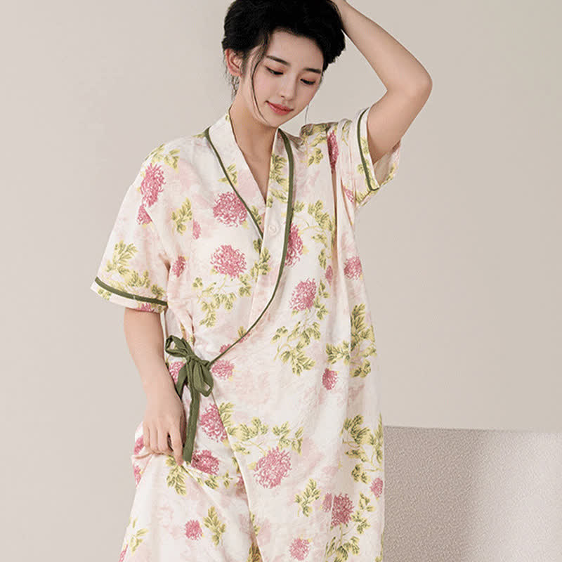 Country Style Floral Short Sleeve Padded Nightdress with Pocket