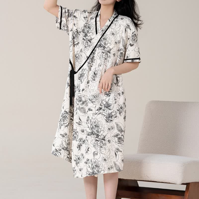 Retro Floral Short Sleeve Padded Nightdress with Pocket