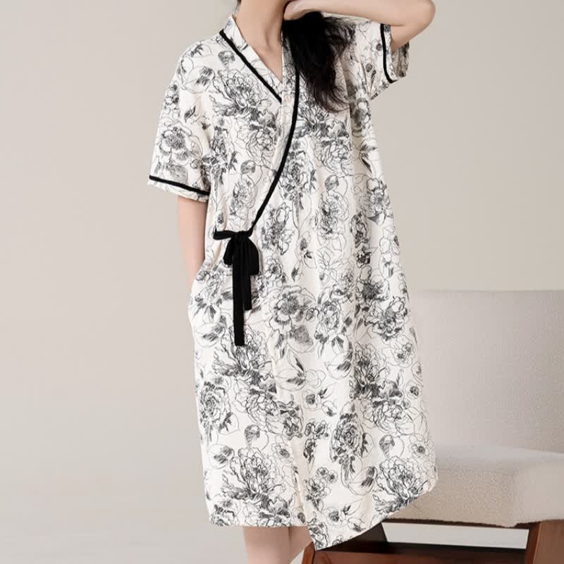 Retro Floral Short Sleeve Padded Nightdress with Pocket