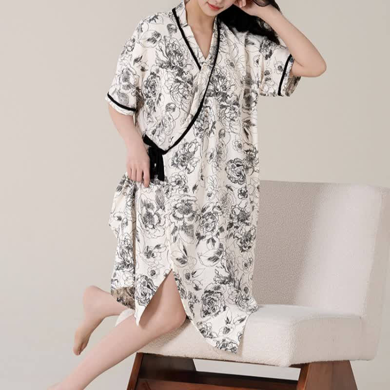 Retro Floral Short Sleeve Padded Nightdress with Pocket