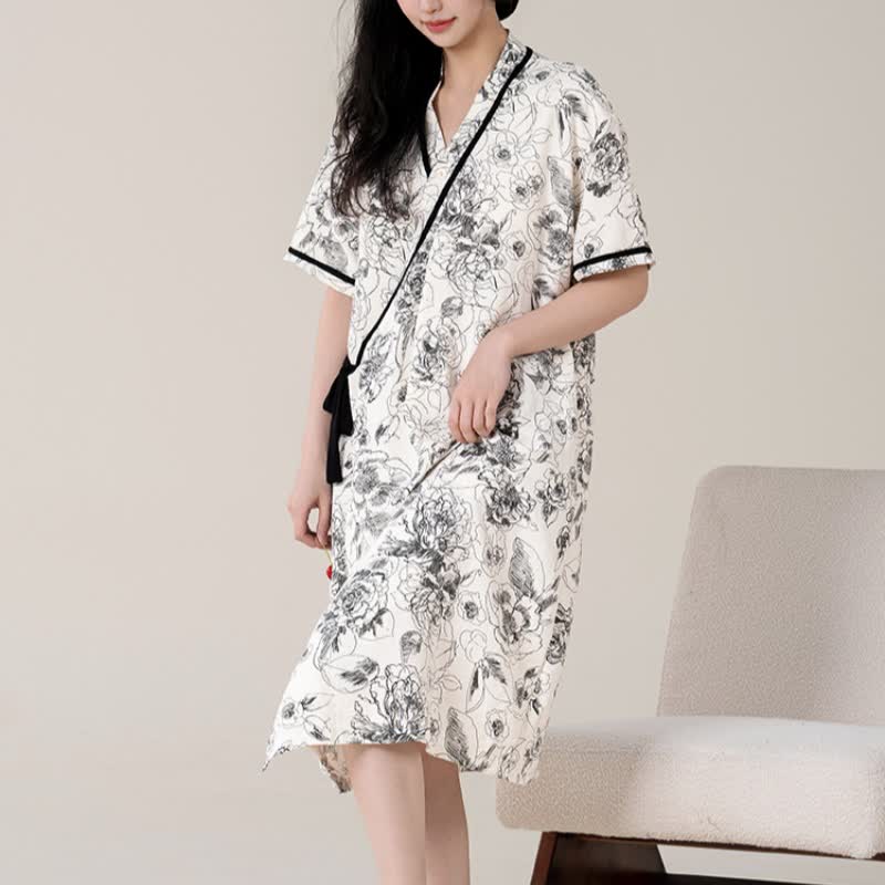 Retro Floral Short Sleeve Padded Nightdress with Pocket