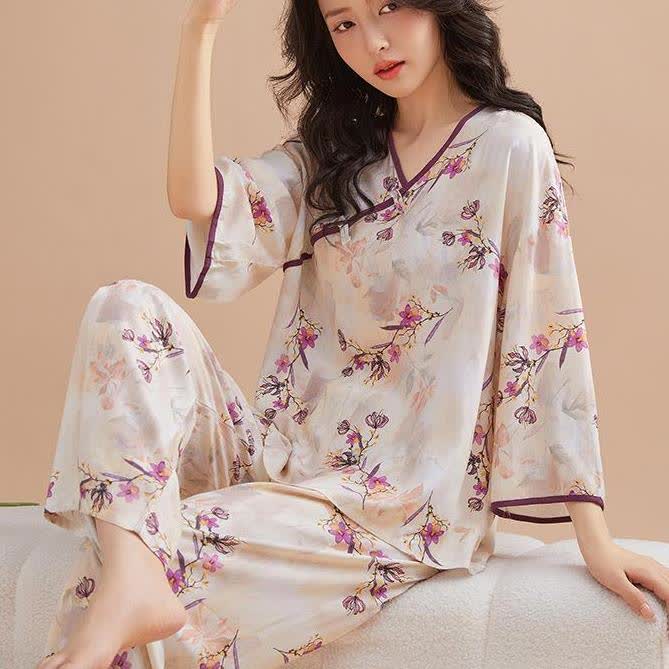 Peach Blossom Knotted Buttons Loungewear Set