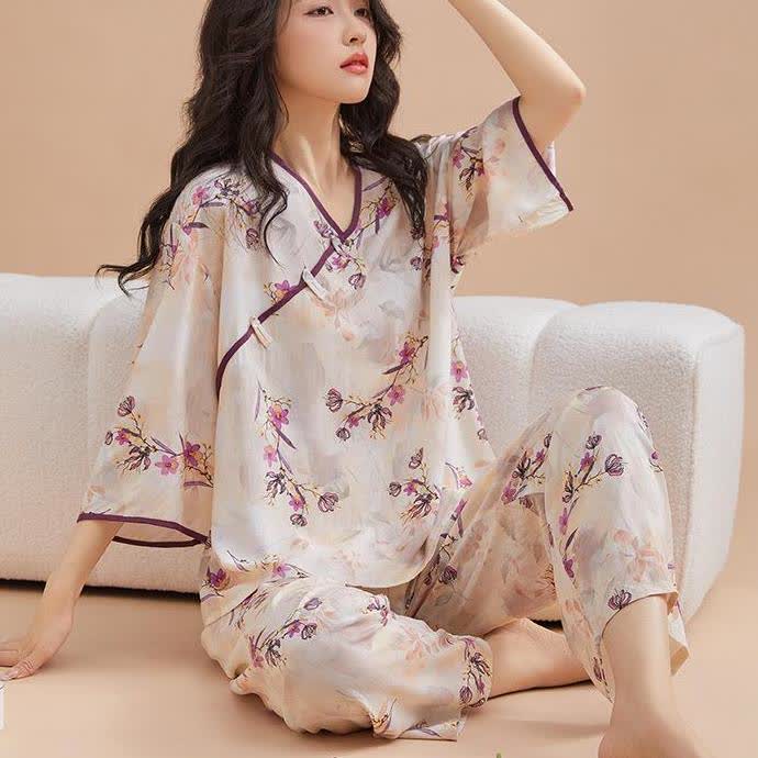 Peach Blossom Knotted Buttons Loungewear Set