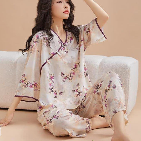 Peach Blossom Knotted  Buttons Loungewear Set