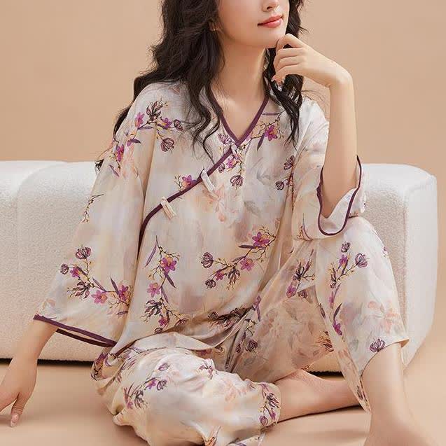 Peach Blossom Knotted Buttons Loungewear Set