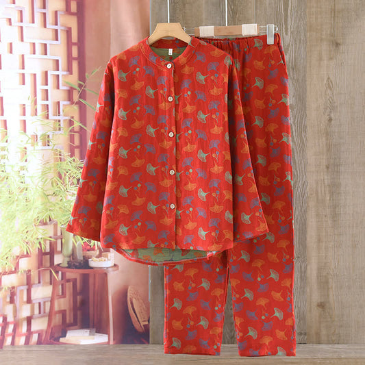 Ginkgo Leaf Cotton Jacquard Vintage Yarn-dyed Pajama Set
