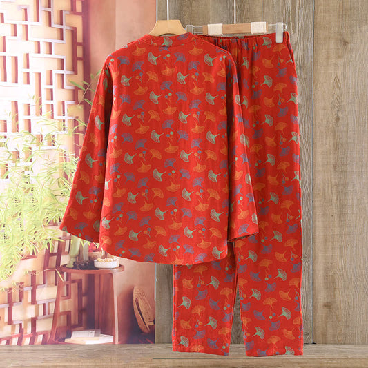 Ginkgo Leaf Cotton Jacquard Vintage Yarn-dyed Pajama Set