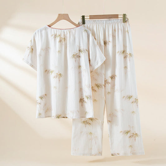Vintage Bamboo Print Cotton Gauze Beaded Button Loungewear Set