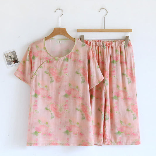 Rose Print Bamboo Fiber Short Sleeve Pajama Set