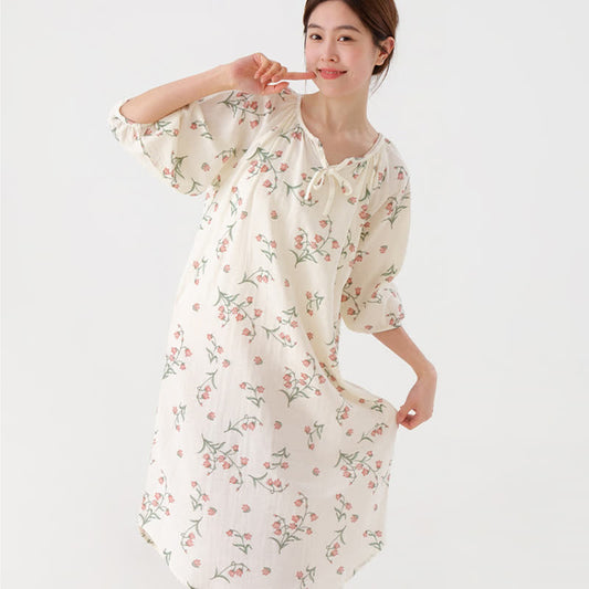 Floral Pure Cotton Gauze Loose Elbow Sleeve Nightdress
