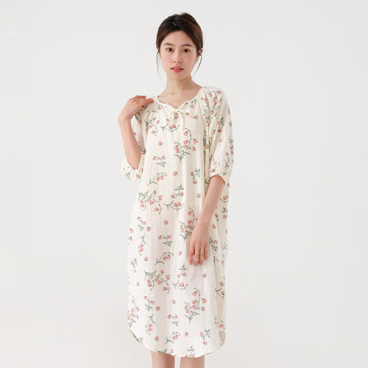 Floral Pure Cotton Gauze Loose Elbow Sleeve Nightdress