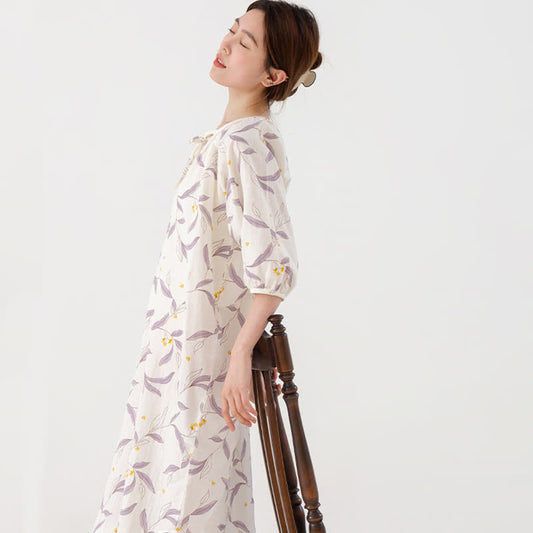Leaf Print Cotton Gauze Loose Elbow Sleeve Nightdress