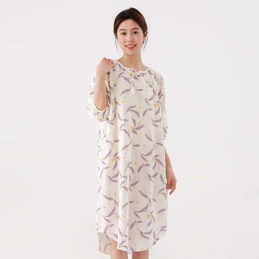 Leaf Print Cotton Gauze Loose Elbow Sleeve Nightdress