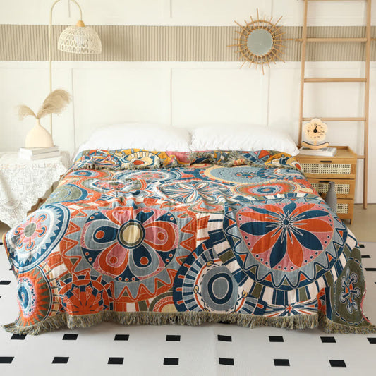 Artistic Floral Cotton Gauze Tassel Reversible Quilt