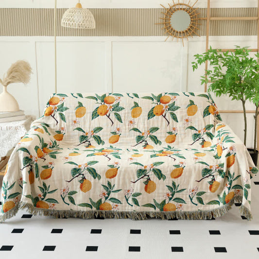 Lemon Print Cotton Gauze Tassel Reversible Blanket