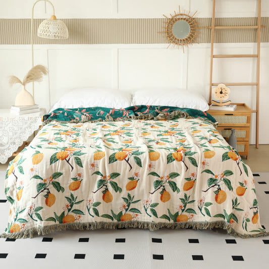 Lemon Print Cotton Gauze Tassel Reversible Quilt