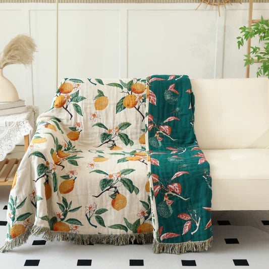 Lemon Print Cotton Gauze Tassel Reversible Blanket