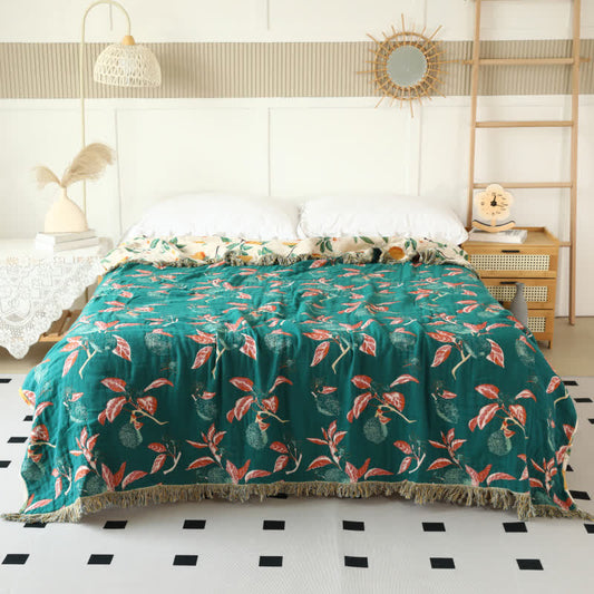 Lemon Print Cotton Gauze Tassel Reversible Quilt