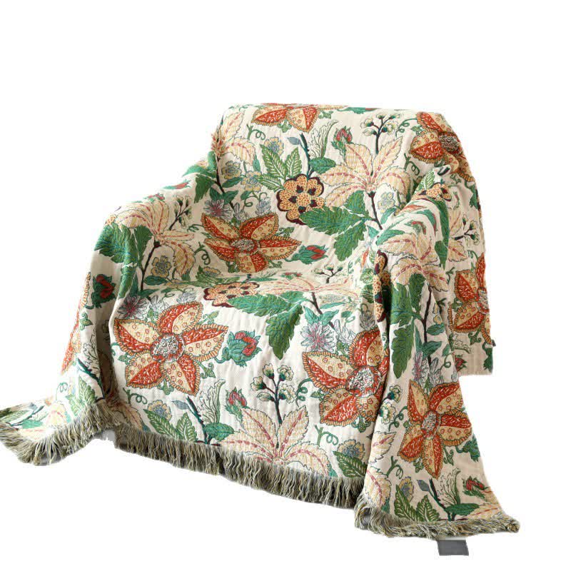 Floral Leaf Cotton Gauze Tassel Reversible Quilt
