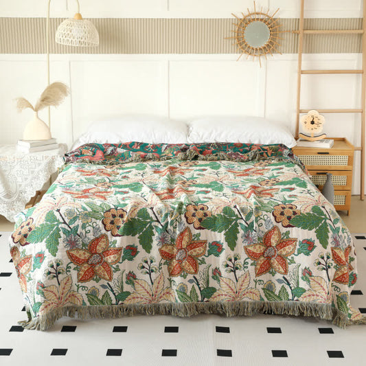 Floral Leaf Cotton Gauze Tassel Reversible Quilt