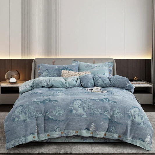 Button Landscape Cotton Gauze Bedding Set(4PCS)
