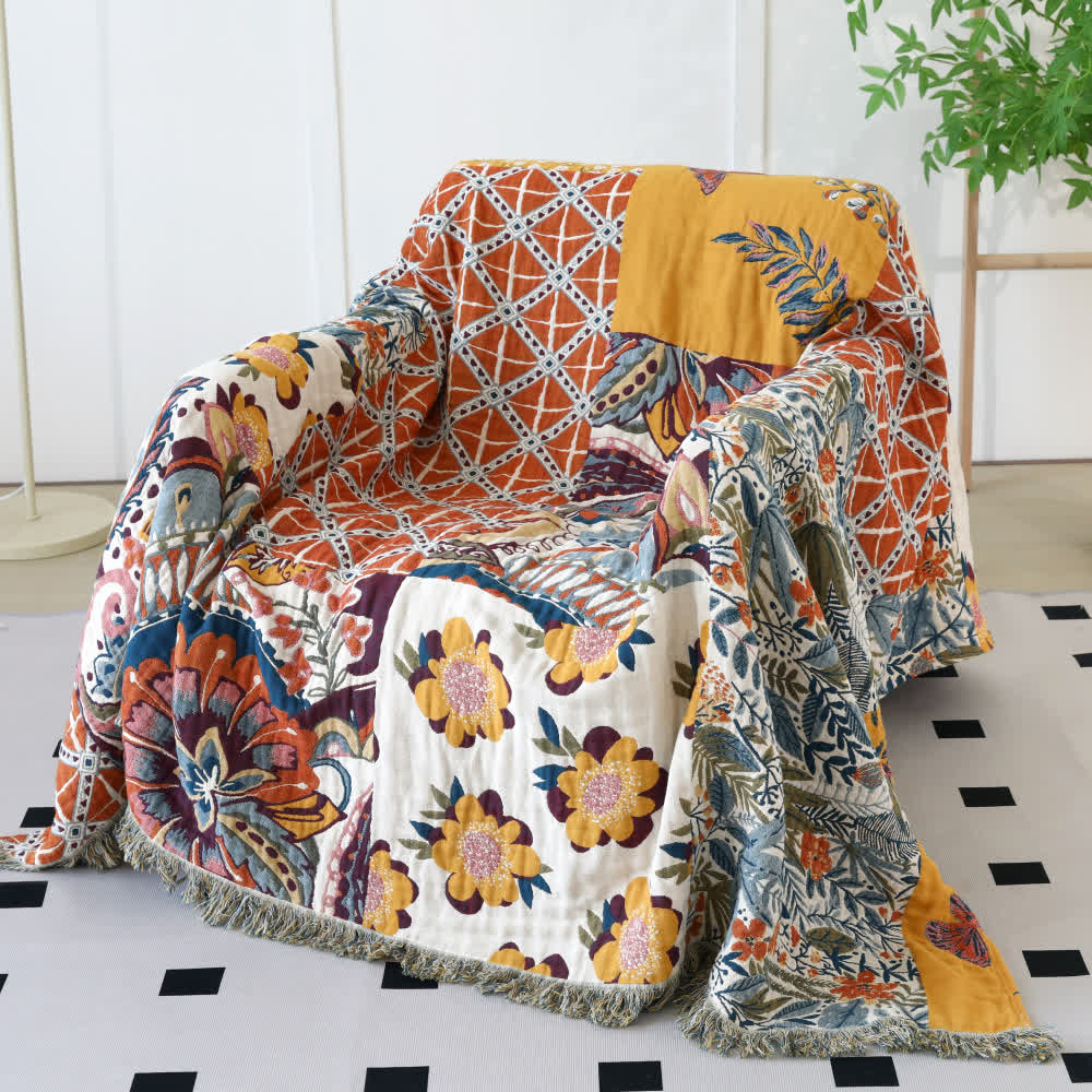 Ethnic Style Floral Plant Cotton Gauze Reversible Quilt
