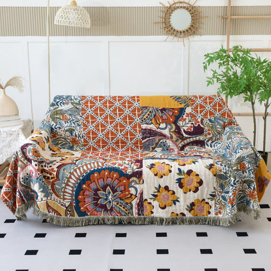 Ethnic Style Floral Plant Cotton Gauze Reversible Blanket