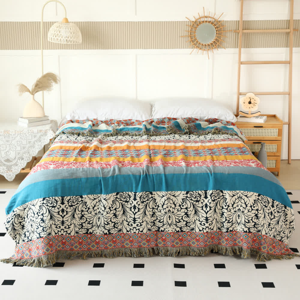 Ethnic Colorful Stripes Cotton Gauze Reversible Blanket