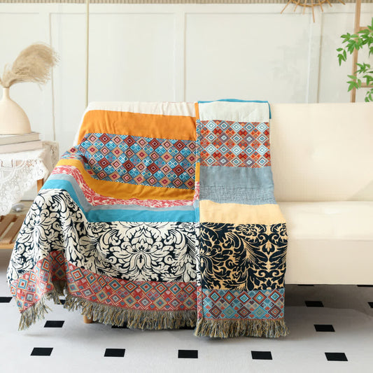 Ethnic Colorful Stripes Cotton Gauze Reversible Blanket