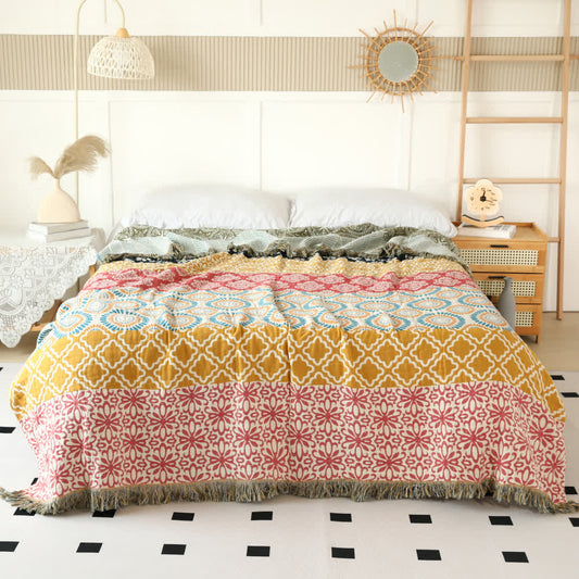 Striped Floral Cotton Gauze Reversible Blanket