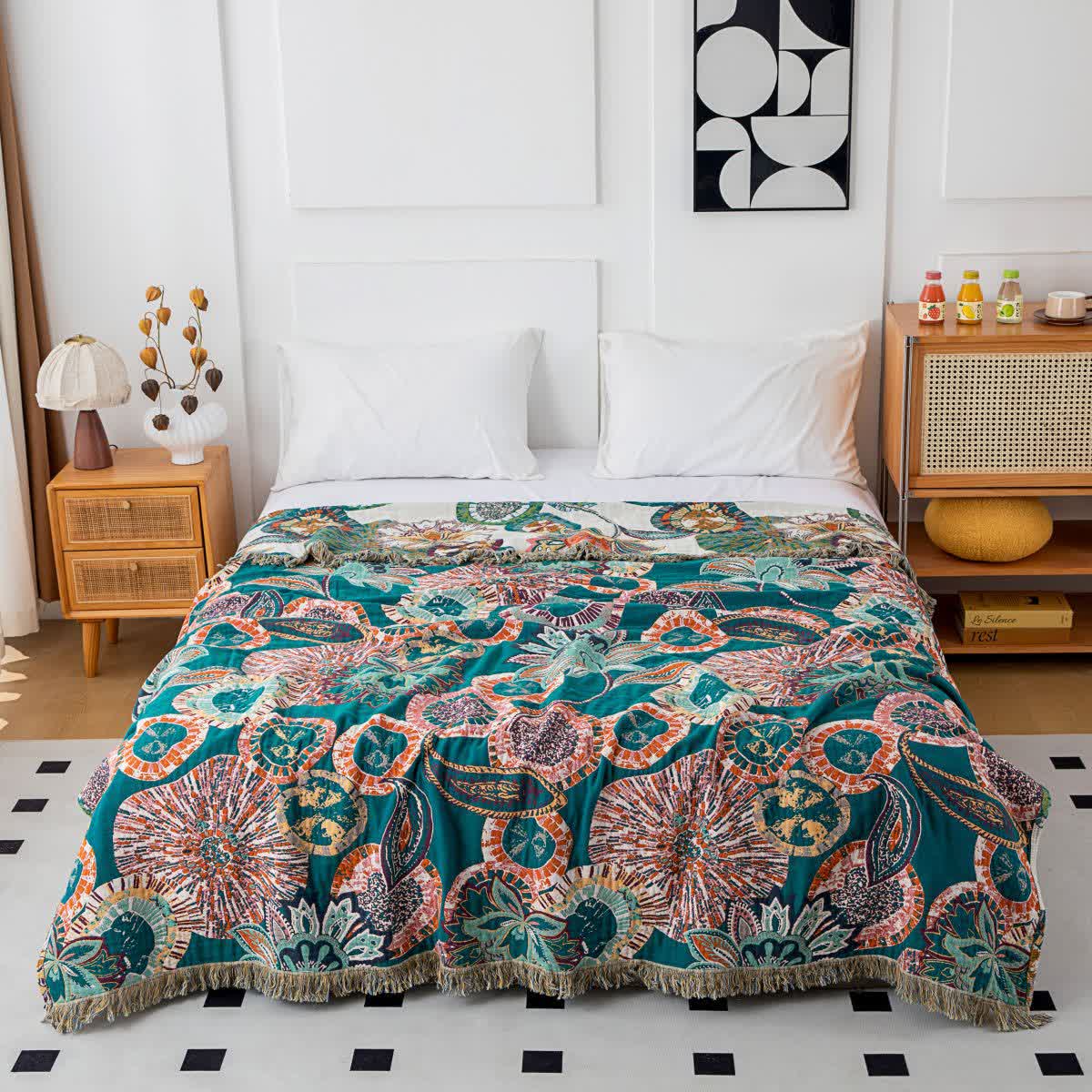 Plant Print Cotton Gauze Reversible Blanket