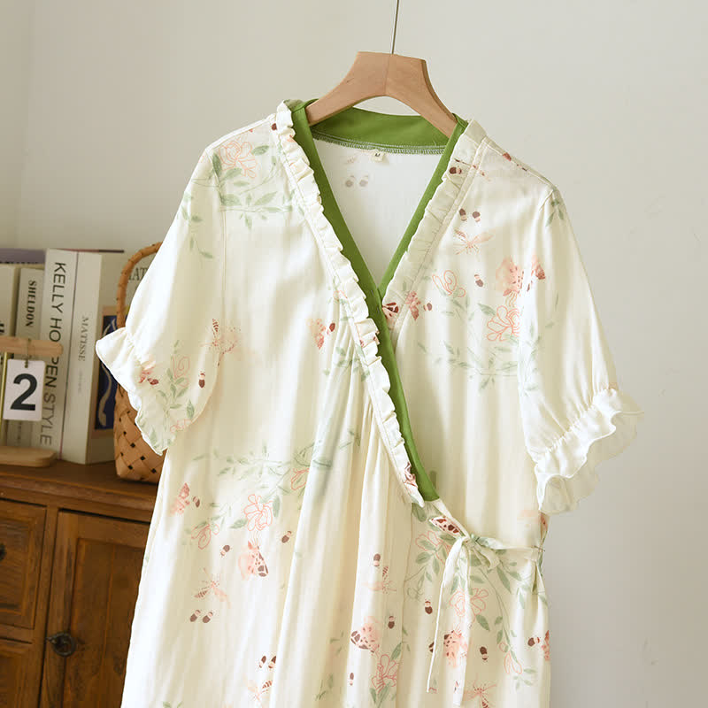 Floral Leaf Short Sleeve Cross-front Nightdress