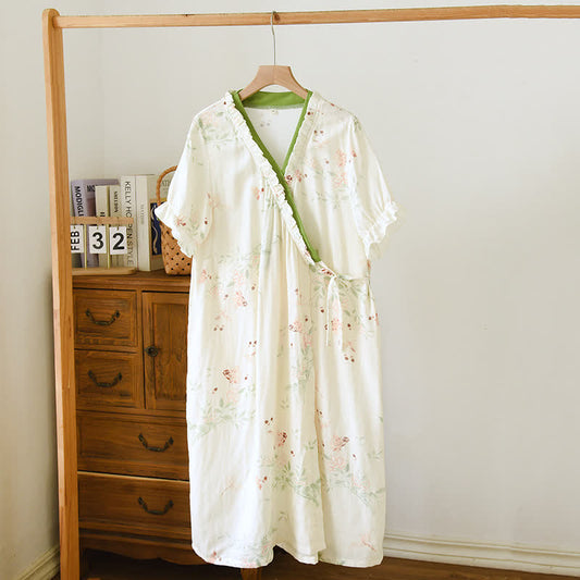 Floral Leaf Short Sleeve Cross-front Nightdress