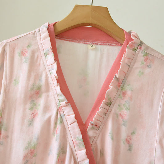 Pink Floral Short Sleeve Cross-front Nightdress