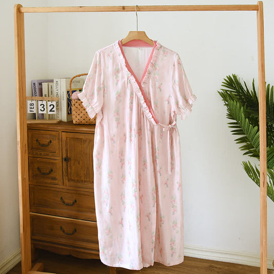 Pink Floral Short Sleeve Cross-front Nightdress