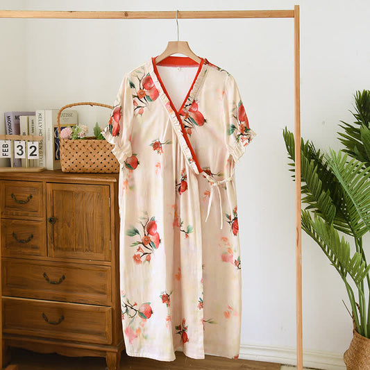 Pomegranate Print Short Sleeve Cross-front Nightdress