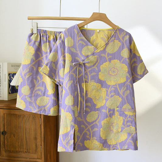 Elegant Floral Cotton Gauze V-neck Pajama Set