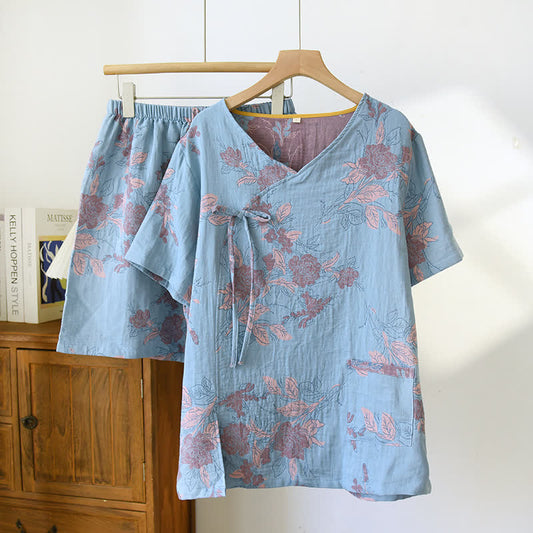 Retro Blue Floral Cotton Gauze V-neck Pajama Set