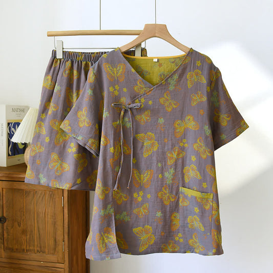 Vintage Butterfly Cotton Gauze V-neck Pajama Set